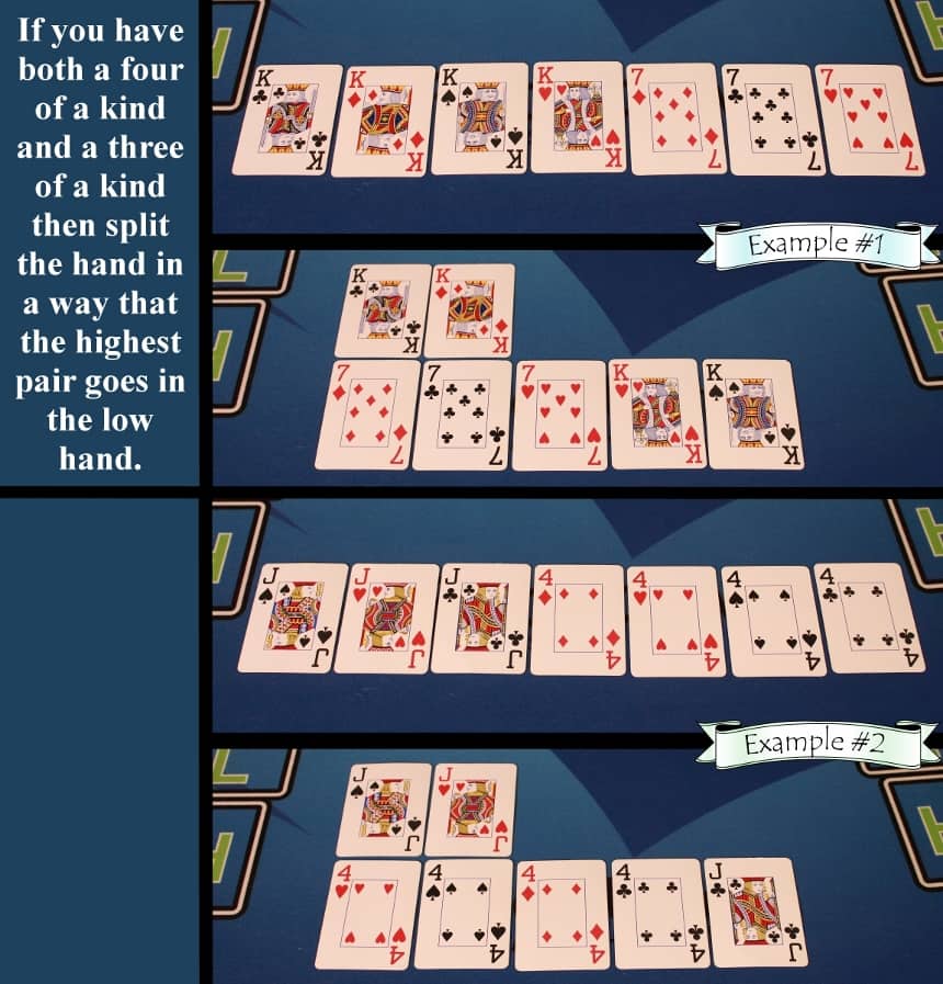 Pai Gow Poker house way quads and trips split rule example