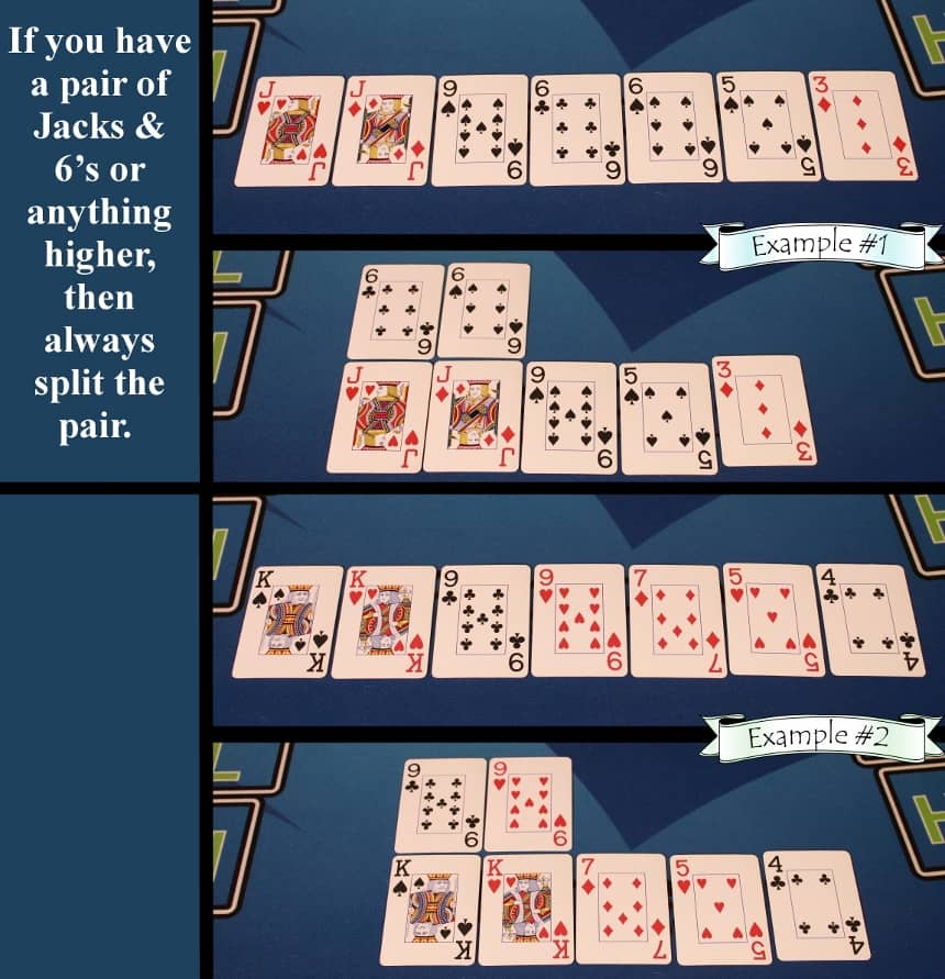 Pai Gow Poker house way two pair Jacks and 6s split example
