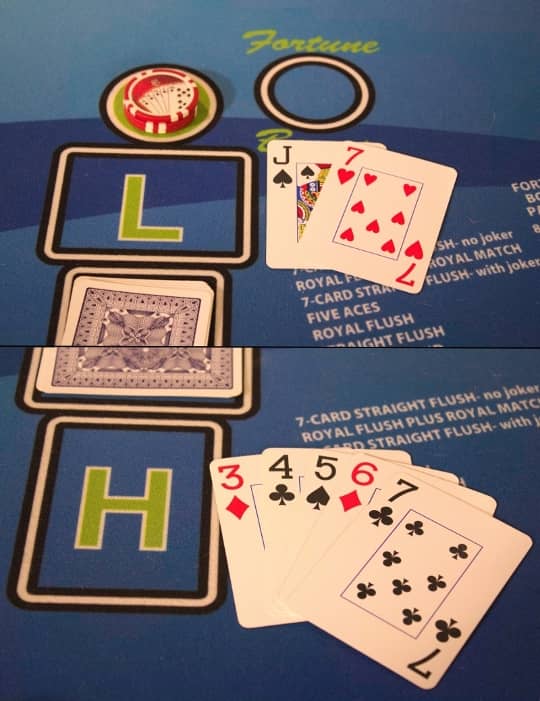 2 pictures compiled into 1. The 2 card low hand goes in the box with L and the 5 card high hand goes in the box with H 2 pictures compiled into 1. The 2 card low hand goes in the box with L and the 5 card high hand goes in the box with H