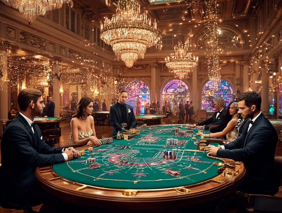 Players playing on a big baccarat table inside a beautiful casino