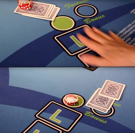 The player folds their hand by pusheing your cards under the bet and towards the dealer or by tossing the cards towards the dealer The player folds their hand by pusheing your cards under the bet and towards the dealer or by tossing the cards towards the dealer