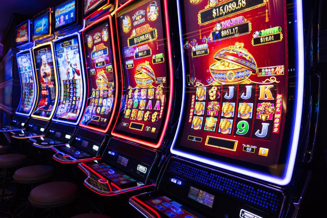 Slot machines lined up in a row